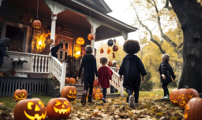Trick or treaters visting a house with scary halloween decorations, lots of carved pumpkins bats on the front porch, candid childhood memories AI generated