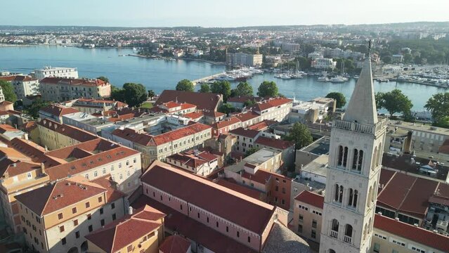 Church of St. Donat in Zadar on Roman square with beuaitufl stone work, an aerial footage. Croatia in summer. Morning
