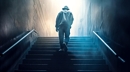 Rear view of a businessman ascending a staircase, generative AI.