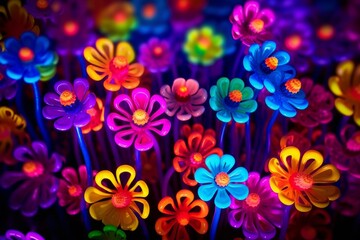 Illustration of a vibrant bouquet of flowers illuminated in a dark setting created using generative AI