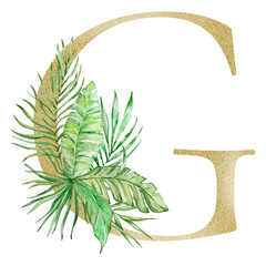 Letter G decorated with watercolor tropical leaves