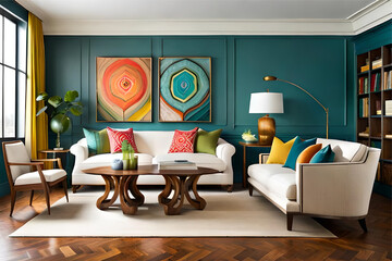 Interior design of a living room design that showcases a diverse collection of cultural influences.