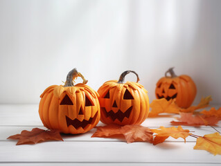 Scary smiling orange Halloween pumpkins and dry autumn leaves on a white background, place under the text, Generative AI, generative artificial intelligence