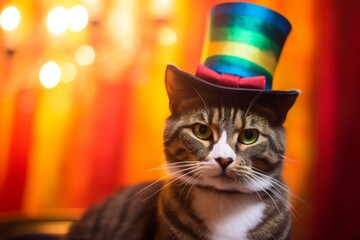 Illustration of a whimsical cat wearing a vibrant rainbow-colored top hat created using generative AI