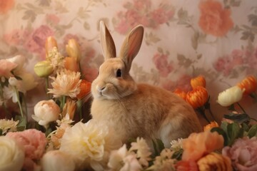 Fototapeta na wymiar Illustration of a stuffed rabbit surrounded by a vibrant bed of flowers created using generative AI