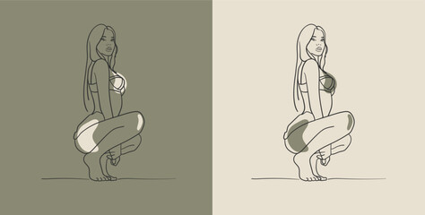 Girl collection in underwear with shape on a green background. Sex shop design. Pole dancer. Female sexuality. Vector illustration in line art style