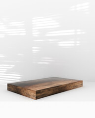 minimal scene with geometric forms. marble podium on wood podium with sun light on white background. Scene to show cosmetic product, Showcase, shopfront, display case