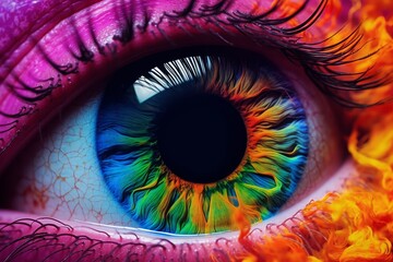 Illustration of a close-up of a vibrant and colorful eye created using generative AI