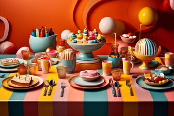 Illustration of a vibrant table setting with colorful plates, cups, and utensils created using generative AI