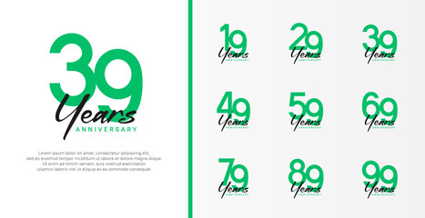 set of anniversary logo flat green color number and black text on white background for celebration