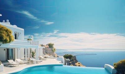 Fototapeta premium Mediterranean greek white house with pool - AI Generated