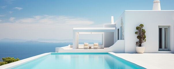 Mediterranean greek white house with pool - AI Generated - obrazy, fototapety, plakaty