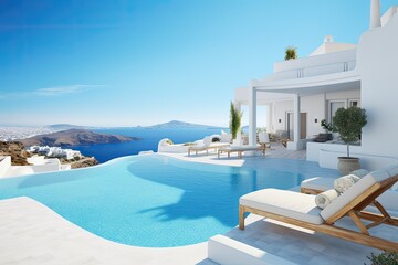 Fototapeta premium Mediterranean greek white house with pool - AI Generated