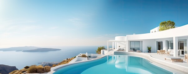 Fototapeta premium Mediterranean greek white house with pool - AI Generated