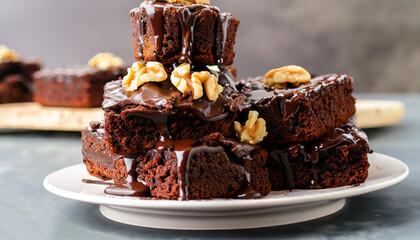 Chocolate spongy brownie cakes with walnuts and melted chocolate topping on a stack