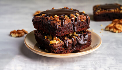 Chocolate spongy brownie cakes with walnuts and melted chocolate topping on a stack