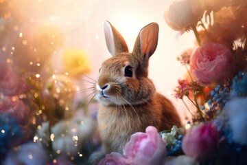 Fototapeta na wymiar Illustration of a rabbit sitting peacefully amidst a vibrant field of blooming flowers created using generative AI