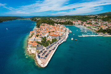 Aerial view of the old town of Rab, the Adriatic Sea in Croatia
