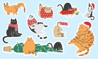 Christmas printable sticker set. Cute funny Christmas cats. Ready-made printable sticker template. New Year illustrations . Vector illustration