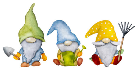 Cute gnome dwarfs with garden tools at autumn watercolor painting. Aquarelle cartoon elfs wearing hats
