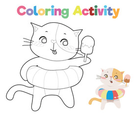 Simple colouring page with summer theme. A cute and kawaii cat eating ice cream during the summer and using a colourful floaties. Coloring activity for kids. Vector file.