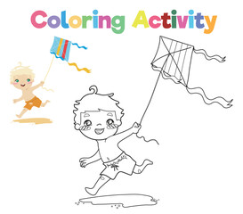 Colouring page with summer theme. A cute blonde little boy playing kite on the beach. Coloring activity. Vector file.