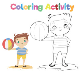 Colouring page with summer theme. A cute boy playing ball on the beach during the summer. Coloring activity. Vector file.