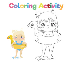 Simple colouring page with summer theme. Blonde little girl swimming using duck floaties. Coloring activity. Vector file.