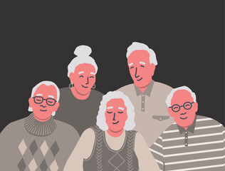 Elderly men and elderly women are standing together. Community of senior people. Vector illustration
