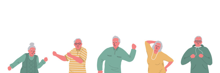 Senior people dance. Cheerful elderly people. Old men and old women have fun and dance. Positive active people. Vector illustration