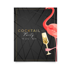 Cocktail Party invitation. Flyer or poster design with champagne glass and a flamingo on black background.