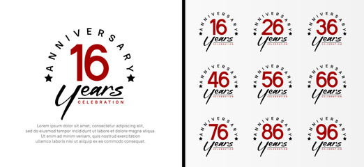 set of anniversary logo flat red color number and black text on white background for celebration