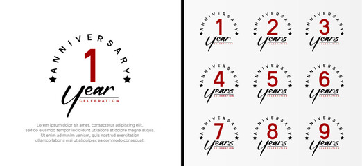 set of anniversary logo flat red color number and black text on white background for celebration