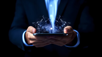 Businessman holding a digital Phone - AI generated.