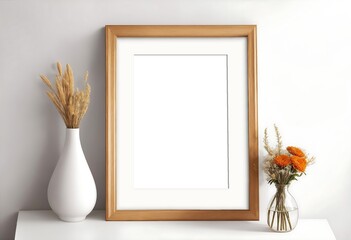 Fototapeta na wymiar Empty vertical picture frame mockup on wooden desk, Dry plant with white pot, home interior, office interior