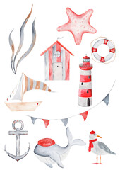 cute nautical element collection 10 pcs whale, sea house, life buoy, starfish, boat, lighthouse anchor, algae, seagull. individual items for your business. posters, stickers, cards, scrapbooking.