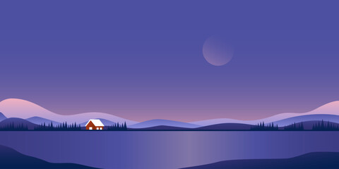 Nature landscape. Abstract mountain lake tiny house moon, scenic nordic panorama, modern scandinavian background. Vector illustration