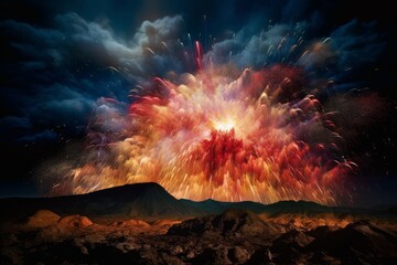 Illustration of a vibrant and dynamic explosion of colorful fire and smoke in the sky created using generative AI