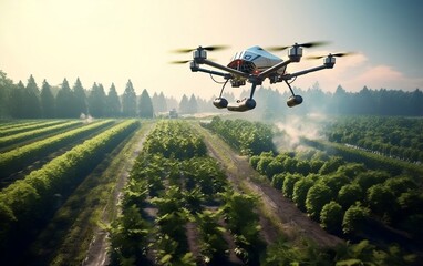 Fototapeta na wymiar A white remote controlled flying over a lush green field. AI