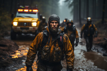 Naklejka premium Search and rescue team evacuating people from a stranded vehicle in a remote area, Rescue Service 911 Generative AI