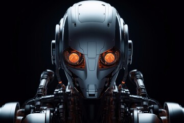 Illustration of a futuristic robot with glowing eyes against a sleek black background created using generative AI