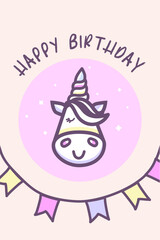 Funny happy birthday postcard with unicorn and party flags on a rope. Happy birthday congratulation. Cute unicorn mascot character.