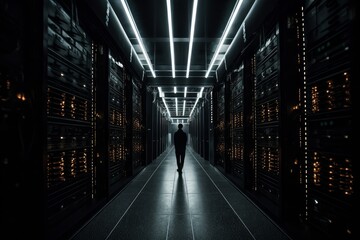 Illustration of a man standing in a dark server room filled with blinking lights and computer equipment created using generative AI