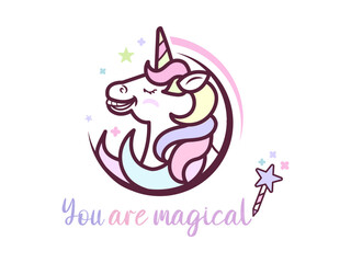 You are magical postcard, sticker with cute and funny unicorn smiling in the stars. Magic wand.