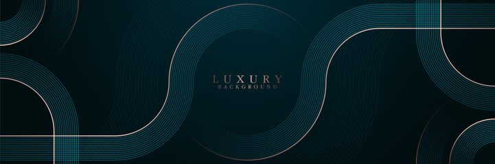 Abstract luxury glowing circle lines on dark background. Geometric stripe line art design. Elegant shiny gold lines elements. Modern horizontal banner template. Vector illustration