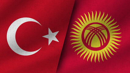 Kyrgyzstan and Turkey Realistic Two Flags Together, 3D Illustration