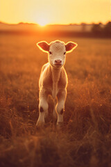 Obraz na płótnie Canvas baby cow standing in field of long grass, generative ai