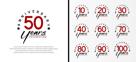 set of anniversary logo flat red color number and black text on white background for celebration