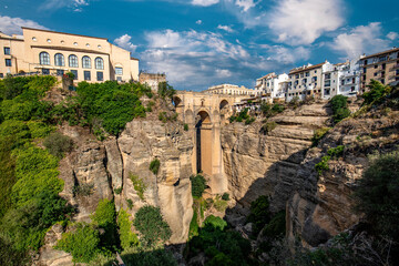Panoramic view of the monumental city of Ronda, Malaga, Spain, with the impressive new bridge that...