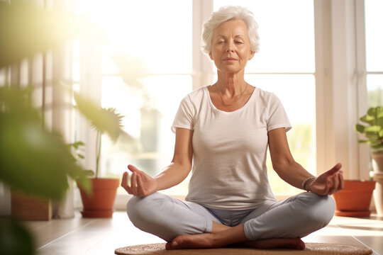 Senior woman meditating at home, Ai Generation
